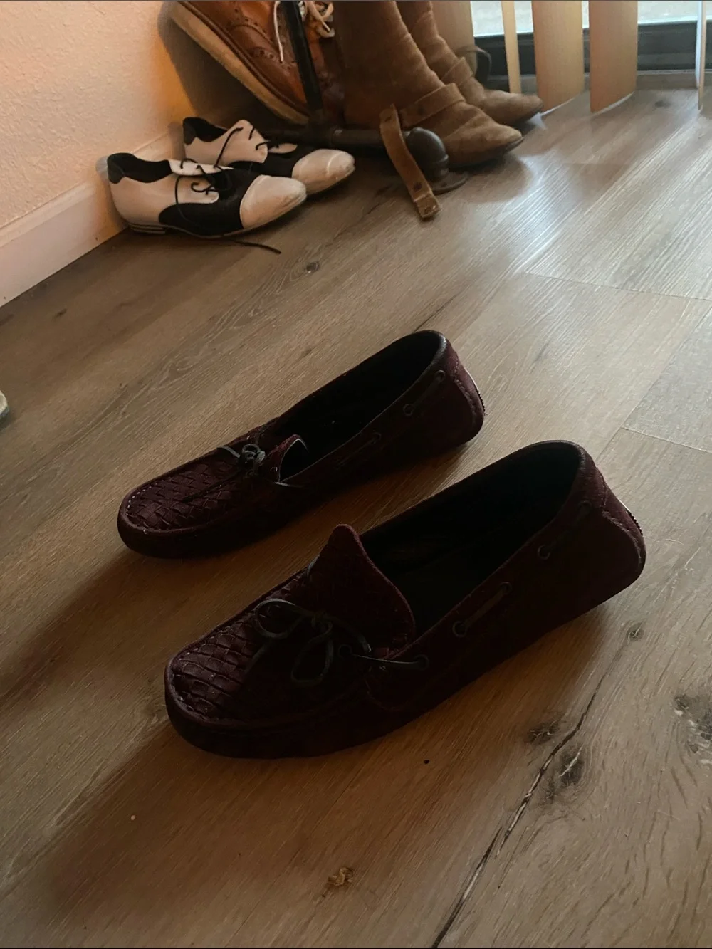 Bottega Veneta Burgundy Woven Suede Slip-On Loafers